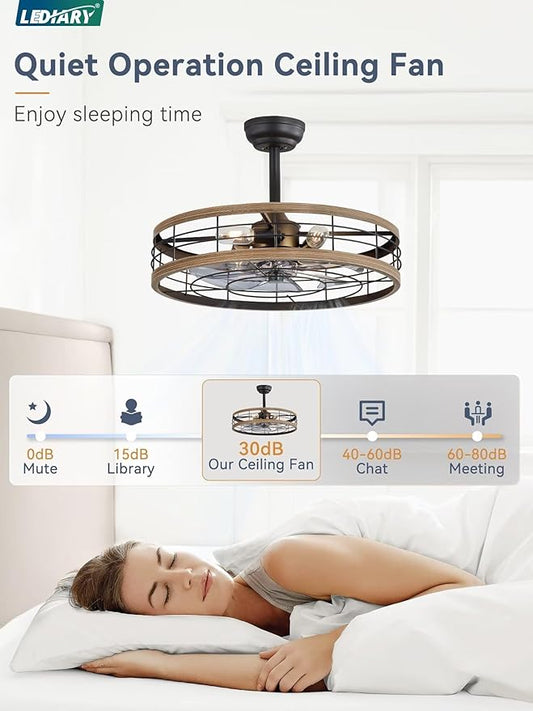 LEDIARY 22 inch Caged Ceiling Fan with Light, Fandelier Industrial Ceiling Fan with Remote, Farmhouse Fan Lights Ceiling Fixtures for Kitchen, Bedroom, OutdoorοΌ6 Speed, TimingοΌ-Brown