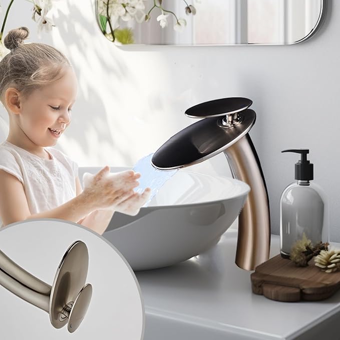 Wovier Brushed Nickel Waterfall Bathroom Faucet,Single Handle Single Hole Brass Lavatory Vanity Vessel Faucet,Slanted Body Basin Mixer Tap Tall Body with Supply Hose and Pop Up Drain Assembly