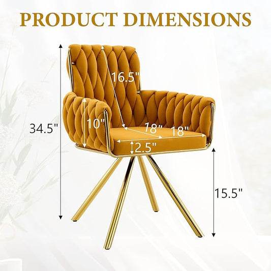 Upholstered Dining Chairs Set of 2, Hand-Woven Back Kitchen Chair, Large Gold Dining Chairs,Velvet Upholstery with Metal Legs, Modern Velvet Chair for Dining Room、Kitchen、Restaurant