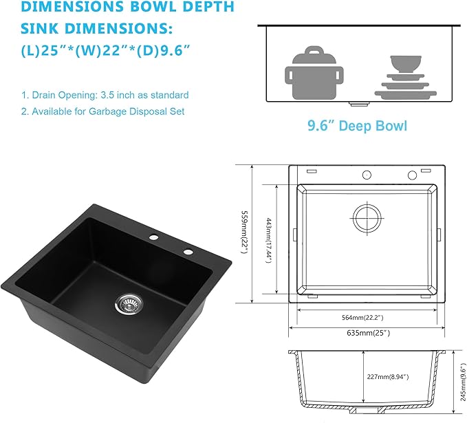 Kichae 25 Granite Composite Kitchen Sink - 25"x22" Grainte Quartz Drop In Topmount Black Deep Single Bowl Basin