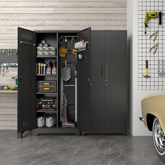 Metal Locking Cabinet, 72.8" Tall Storage Cabinet for Broom, Garage Storage Cabinet with Doors and Shelves, Heavy Duty Tool Cabinet for Home Office, School, Basement,Gym