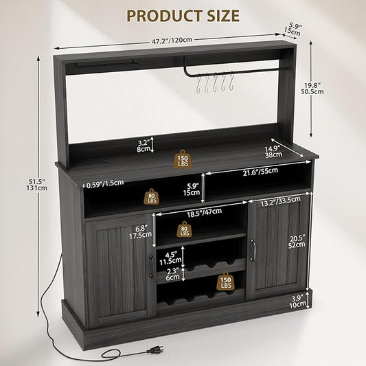 47" Farmhouse Coffee Bar Cabinet with Storage, Buffet Cabinet with Goblet Holder, 5Hooks, Power Outlets, Sideboard Cabinet Coffee Bar Table with Adjustable Shelves for Kitchen & Living Room, Grey