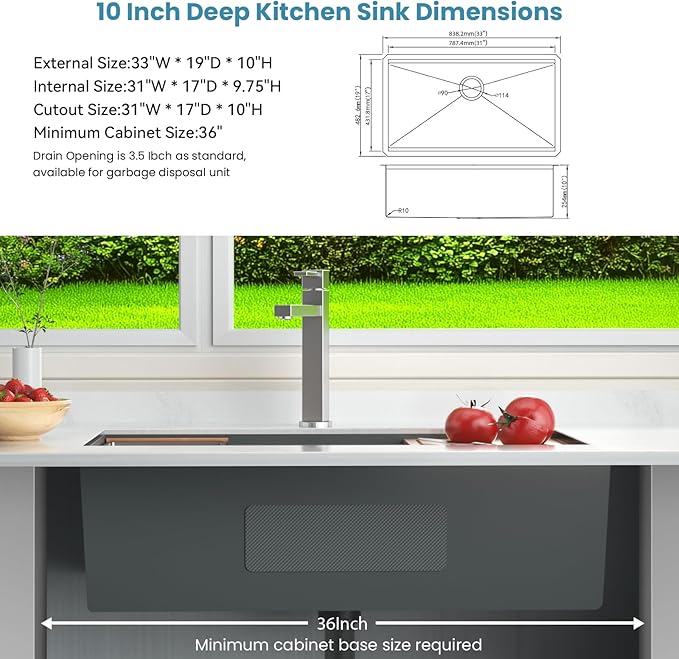 33 inch Undermount Kitchen Sink, Single Bowl 16-Gauge Stainless Steel Kitchen Sink, Brushed Nickel Nano Sink, Large Size Kitchen Sinks with Accessories (33 x 19 x 10 Inch)