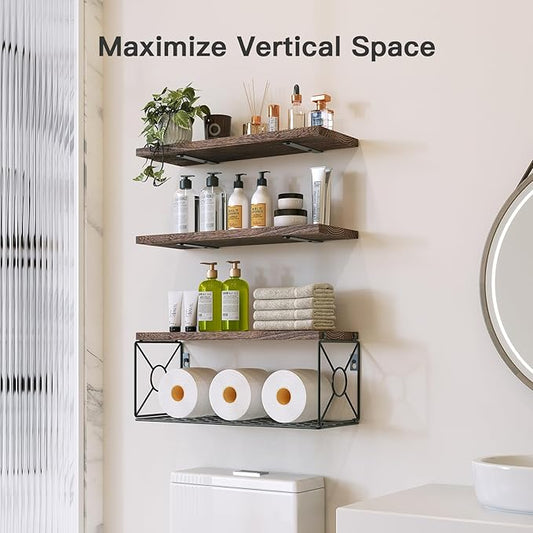 Amada Bathroom Shelves Over Toilet with Storage Basket, Floating Wall Shelf for Home Organization & Wall Decor, Bathroom/Kitchen/Living Room Shelves–Rustic Brown