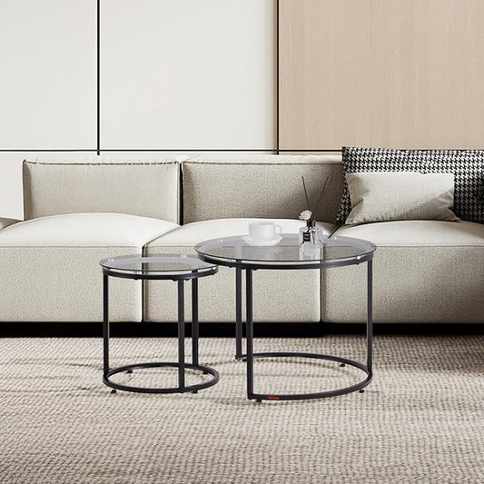 VEVOR Nesting Coffee Table Set of 2, 23.6 in Round Coffee Table, Glass Nesting Tables for Small Place, Modern End Side Tables Night Stand with Metal Frame, for Living Room, Bedroom, Balcony, Office