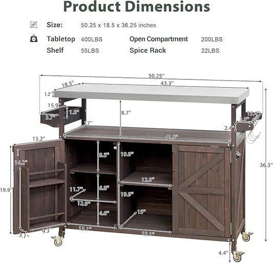 50.25" Kitchen Island Rolling Bar Cart & Storage Cabinet, Farmhouse Solid Wood Outdoor Grill Table with Stainless Steel Top and Spice, Towel Rack for BBQ,Dark Brown