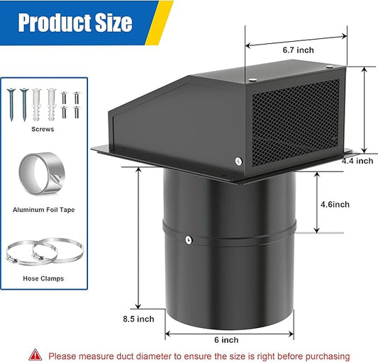 Dryer Vent Cover Outside 6 inch Hooded Wall Vent with Screen and Damper, 6" Wall Exhaust Vent Cover Cap, External Extractor Wall Vent for Range Hood/Dryer/Kitchen/Duct - Galvanized Steel,Black