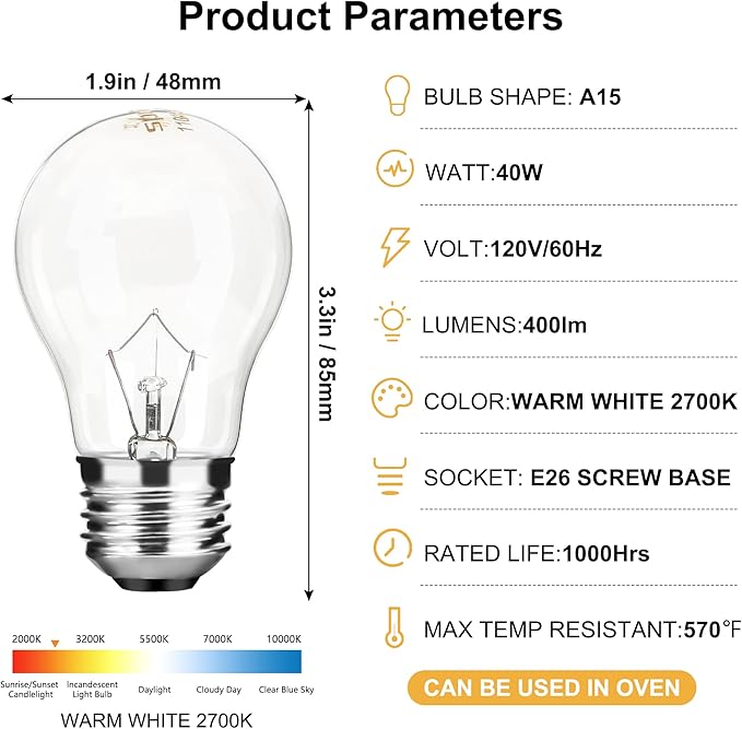 Appliance Oven Light Bulb A15 40W High Temperature 500 Degrees Resistant for Refrigerator Over Stove Microwave Range Hood Lava Lamp Replacement Bulb E26 Medium Base 120V Warm White