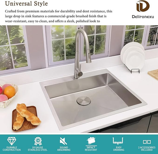 25x22 Drop In Kitchen Sink – Delironexu 18 Gauge Stainless Steel Kitchen Sink, 25 Inch Top Mount Kitchen Sink with Brushed Finish, 6 Inch Deep Single Bowl Kitchen Sinks for RV, Prep, and Outdoor Use