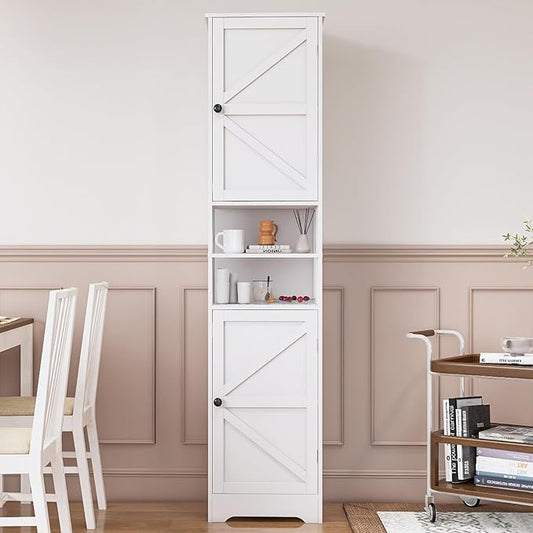 Viaozutis Tall Bathroom Storage Cabinet, Vertical Freestanding Organizer with Adjustable Shelf, Slim Design for Small Bathrooms, Towels & Toiletries Storage(White)