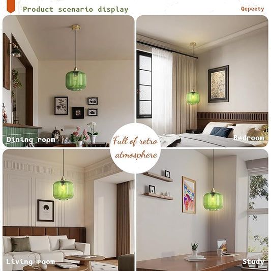 2 Pack Mid Century Modern Green Glass Pendant Light Fixture Brushed Gold Pendant Lights Kitchen Island Adjustable Globe Pendant Lighting for Bedroom Dining Room Entryway
