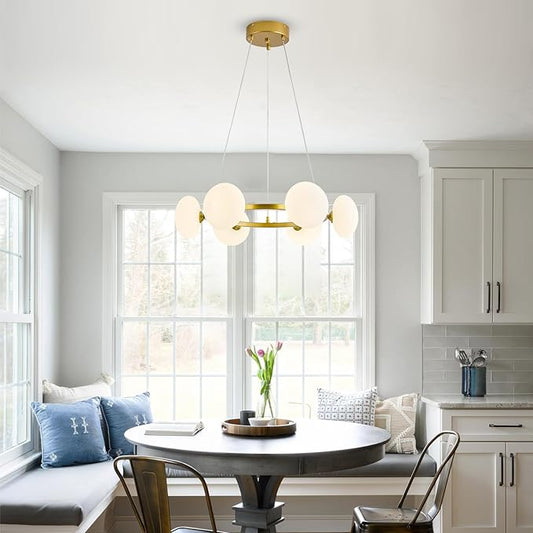 Modern Gold Chandelier, Mid Century Wagon Wheel Chandelier, 6-Light Globe Dining Room Light Fixture with Milk Glass Shades