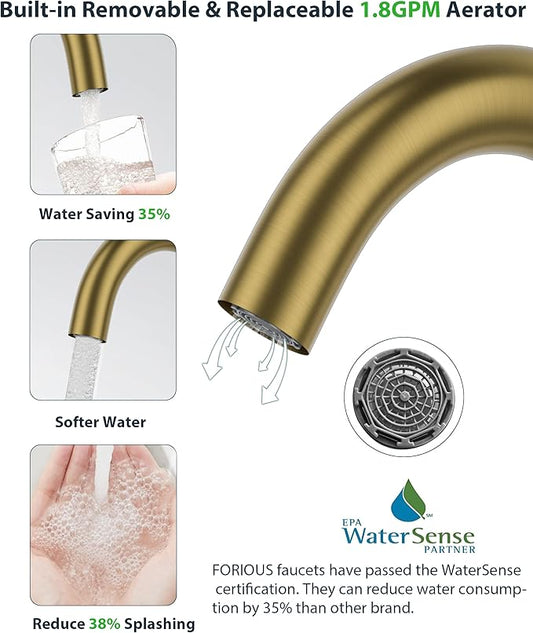 FORIOUS Brushed Gold Bathroom Faucet 1 Hole Single Handle 360° Swivel Gooseneck Spout, with Metal Pop Up Drain and cUPC Supply Line, Suitable for Wet Bar Kitchen RV Vanity Restroom