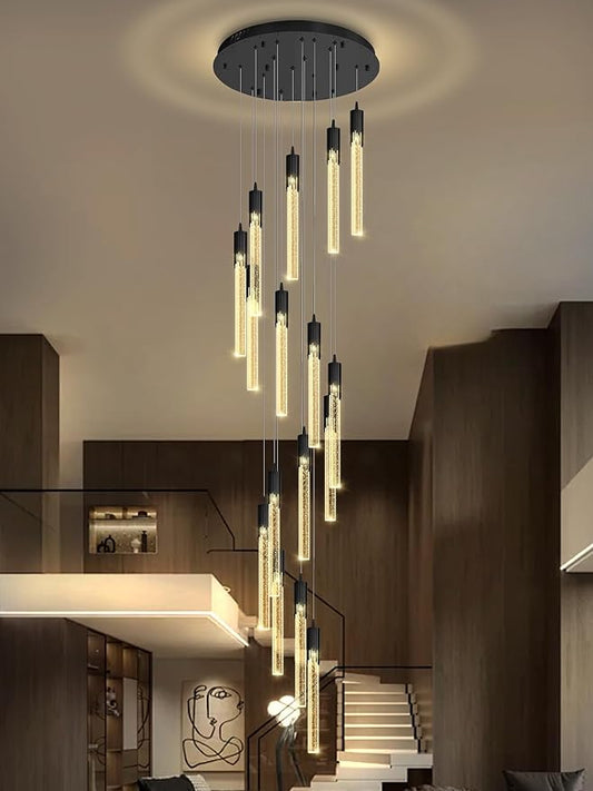 Flashing God 137'' Large Crystal Chandeliers for High Ceiling 16-Lights Stairway Chandelier Modern Black Chandelier Crystal Pendant Ceiling Light for Living Room Foyer Entrance