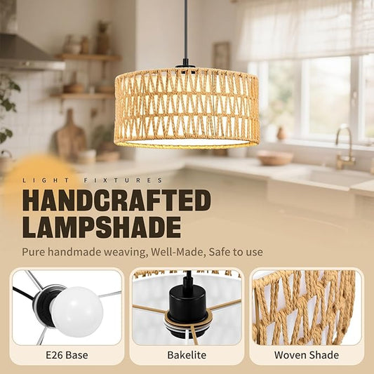 Pendant Lights, Plug in Pendant Light, Hanging Lamp, Boho Lamp, Woven Rattan Pendant Lamp Shade for Kitchen Island, Modern Farmhouse Chandelier Light Fixtures (Bohemian 2)