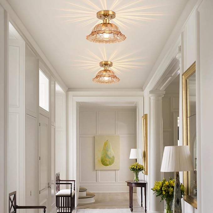 Semi Flush Mount Ceiling Light, Vintage Ceiling Light 11", Amber Shade Glass Hallway Light Fixture for Kitchen Porch Bedroom,Bulb Included