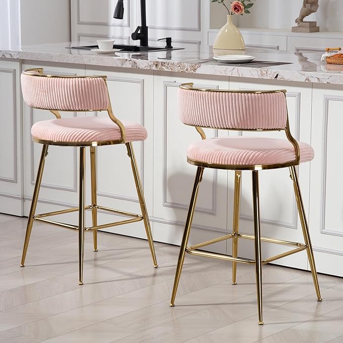 (Set of 2) 26'' Counter heightstools Corduroy Kitchen Island Counter Stool with Back,Golden Chromed Base and footrest,for Living Room