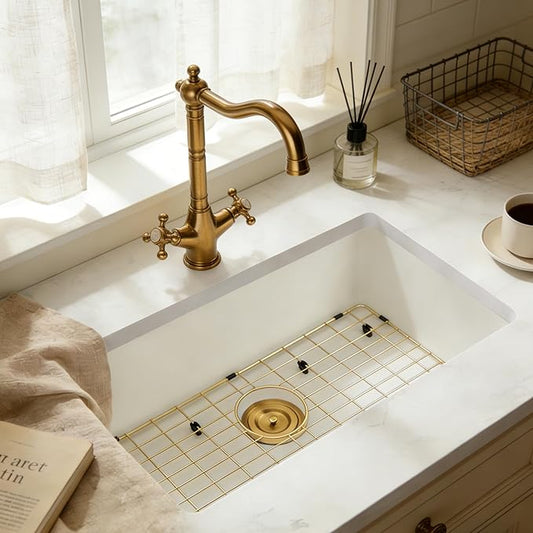 MILOSEN White Undermount Kitchen Sink, 31"x18" Granite Composite Single Bowl Kitchen Sinks, 9" Deep Large Undermount/Drop In Sink with Gold Accessories, White Quartz Kitchen Sinks for Modern Kitchen