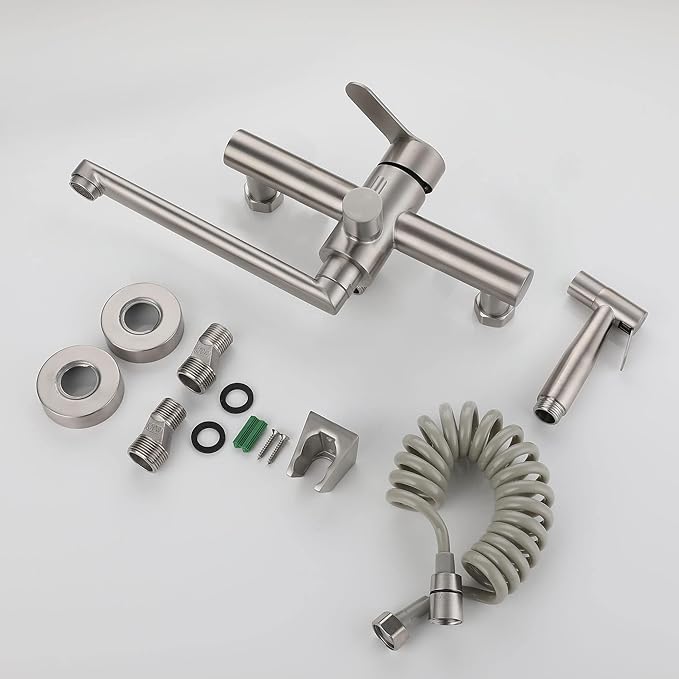 Wall Mount Kitchen Sink Faucet with Side Sprayer, Commercial Faucet, Nickel Brushed Unility Sink Faucet, Mixer Tap, 7.7-8.3 Inches Center, Spout Reach 9.2"