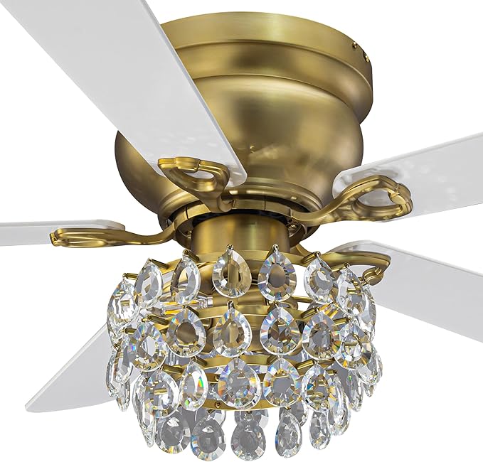 48" Crystal Ceiling Fan with Light and Remote, Brass Flush Mount Chandelier Ceiling Fan, 5-Blade Quiet Reversible AC Motor, Vintage Crystal Fandelier for Living Room Bedroom Dining Room