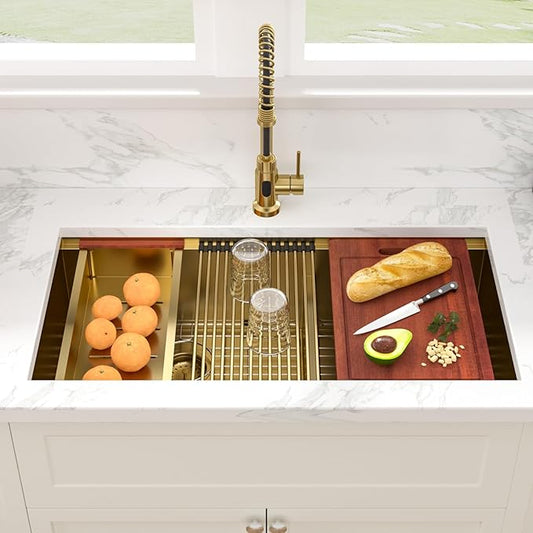 Sarlai 36 Inch Gold Undermount Kitchen Sink Double Bowl Large Workstation Low Divided Gold Stainless Steel Sink 16 Gauge 60/40 Sinks Double Basin