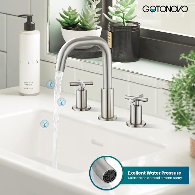 gotonovo 8 inch Widespread 3 Hole Bathroom Sink Faucet,2 Cross Handle Vanity Faucet Deck Mount Basin for Bathroom Sink 360° Swivel Spout with Pop Up Drain Brushed Nickel
