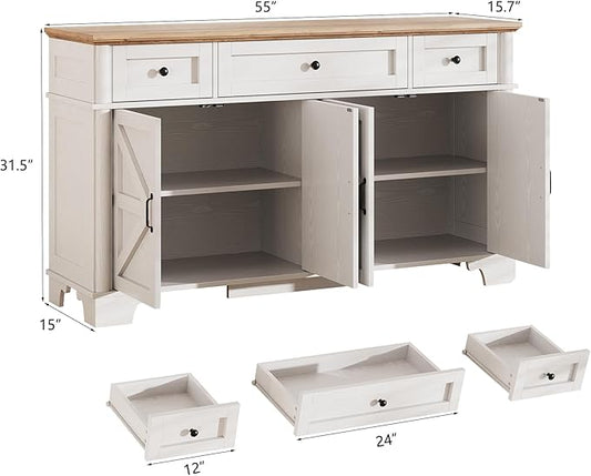BestHaped Farmhouse Buffet Cabinet with Storage, 55 Inch White Sideboard Buffet Cabinet with Adjustable Shelves & 3 Drawers, Buffet Table Coffee Bar Wine Bar Storage for Kitchen & Living Room