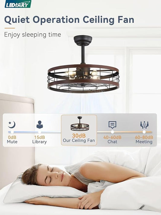 LEDIARY 22 inch Caged Ceiling Fan with Light, Fandelier Industrial Ceiling Fan with Remote, Farmhouse Fan Lights Ceiling Fixtures for Kitchen, Bedroom, OutdoorοΌ6 Speed, TimingοΌ-Walnut