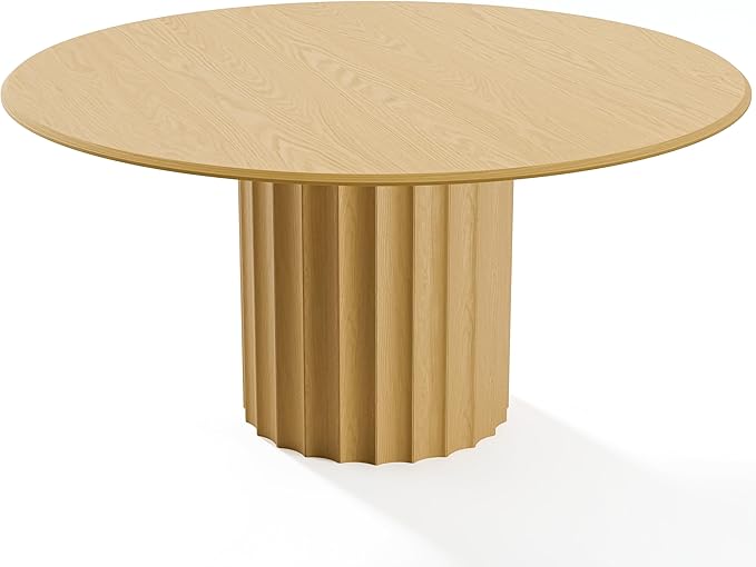 Casaphoria 60" Round Dining Table, Modern Wood Kitchen Table with Cylindrical Wide Bar Concave Base for Living Room & Dining Room, Easy Assembly Farmhouse Furniture for 4-6, Oak