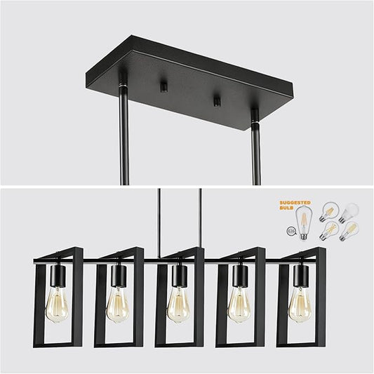 5-Light Island Lights for Kitchen, Rectangular Black Metal Kitchen Island Chandelier 41.3" Adjustable Rustic Modern Dining Room Light Fixtures Over Table, Chandeliers for Dining Room
