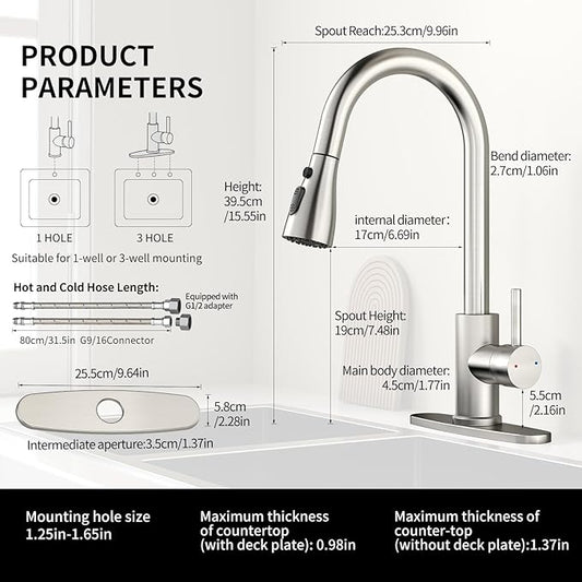 Kitchen Faucet with Pull Down Sprayer,Stainless Steel Single Handle Kitchen Faucet,1/3 Hole,Deck Plate Included,Suitable for farmhouses, Campers, Laundry Rooms, RVs, and Bars (Brushed Nickel)