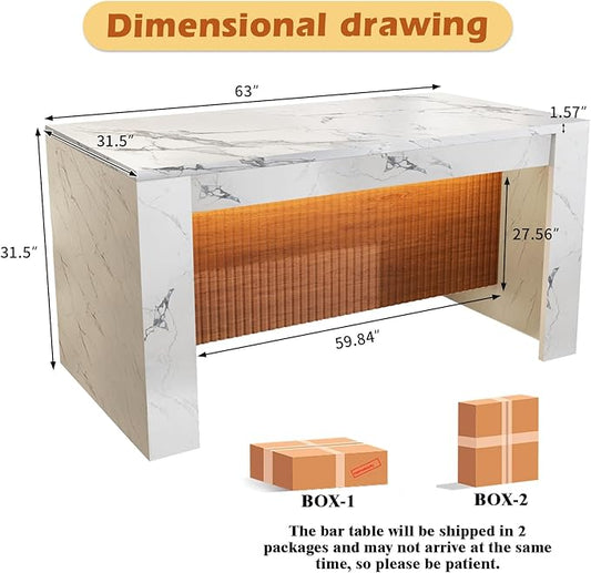 63" Modern Imitation Marble Stripes Kitchen Dining Table, Island Table with Grille Design and LED Lights for 4-6 People, Large Imitation Marble Dining Table for Home Kitchen Living Room.