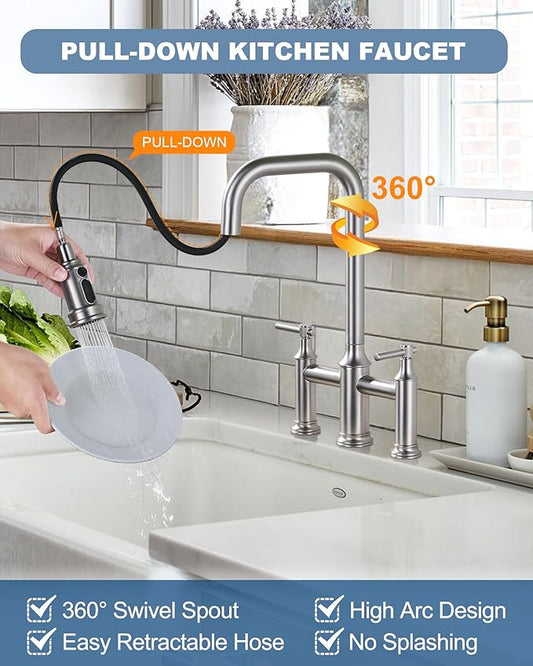 Bridge Kitchen Faucet Brushed Nickel: 3 Hole Solid Brass Farmhouse Kitchen Sink Faucet with Pull Down Sprayer, 2 Handle 8 Inch Centerset High Arched Faucet with 360° Swivel Spout