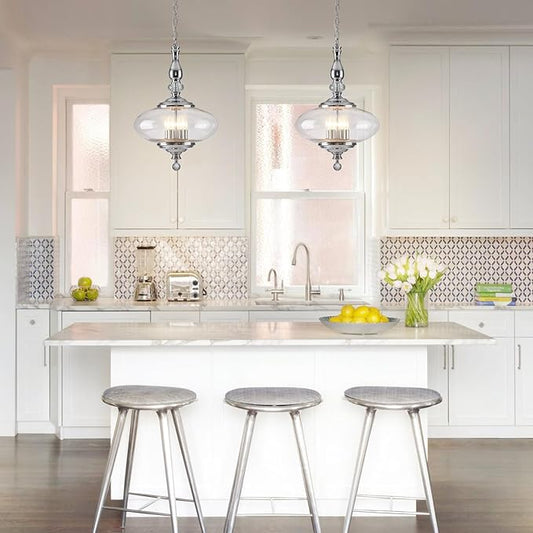 5 Light Chrome Chandelier Modern Glass Large Pendant Light H 27.5" x W 15.7" for Kitchen Island, Dining Room.E12 Bulb