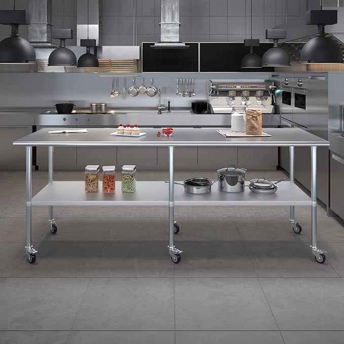 Stainless Steel Work Table with Wheels | NSF Kitchen Island Food Prep | Laundry Garage Utility Bench (Table + Wheels, 96" Long x 30" Deep)