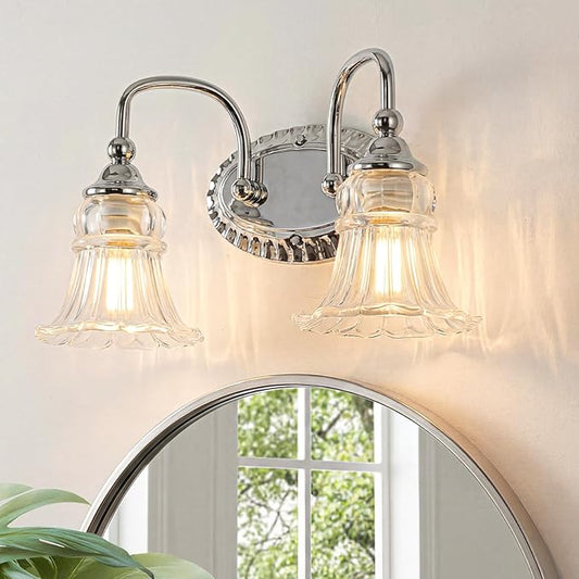 2-Light Bathroom Light Fixtures Vintage Chrome Vanity Lights Over Mirror with Floral Glass Shade for Bathroom Powder Room, Living Room Hallway