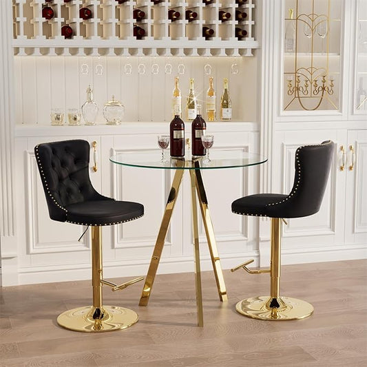 yeag 31.5'' Modern Round Glass Bar Table Set for 2, Luxury Gold Bistro Pub Table & 2 Adjustable Metal Bar Stools Velvet Swivel Counter Height Stools (Gold Metal Legs, Clear Top + Black Chair)