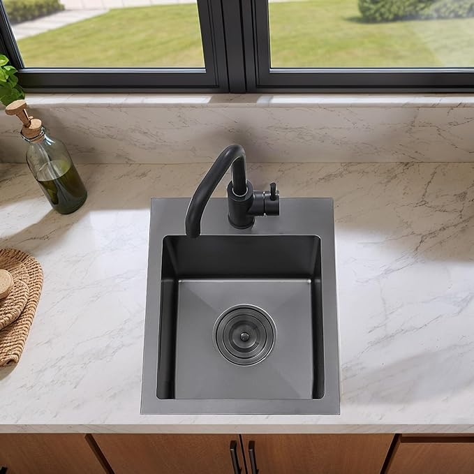 15 Inch Drop In Bar Sink, Gunmetal Black 15x17x9 Topmount Stainless Steel Single Bowl Wet Bar Prep RV Outdoor Small Kitchen Sinks 16 Guage with Drain
