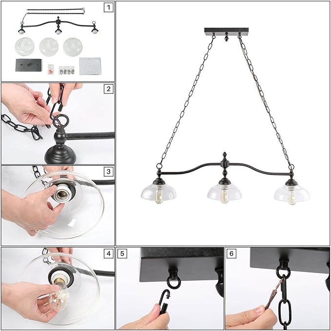 KSANA Black Farmhouse Chandelier, 3-Light Modern Linear Kitchen Island Lighting with Clear Glass Shade, Rustic Island Pendant Lights Chandeliers Light Fixture for Dining Room & Kitchen