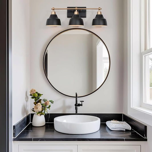 LALUZ Black Bathroom Vanity Light Fixtures, 3-Light Brass Modern Farmhouse Gold Vanity Wall Lamp Over Mirror with Metal Globe for Hallway, Bedroom, Kitchen, and Living Room