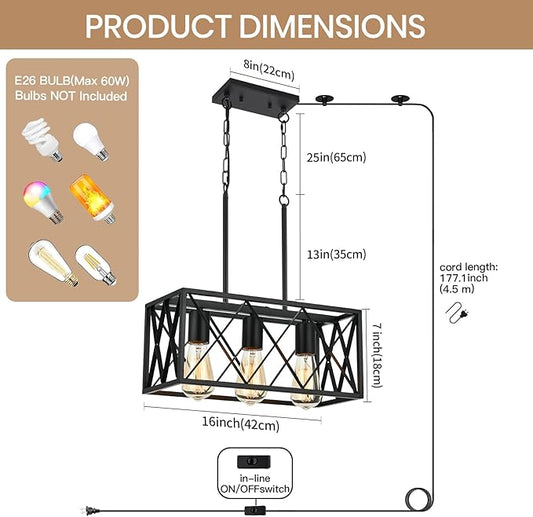 Black Plug in Pendant Light,3-Light Dining Room Light Fixture Over Table,Plug in Ceiling Light for Kitchen Sink,Industrial Metal Kitchen Pendant Lighting Over Island.