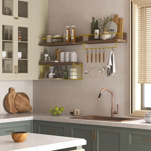 PopiShelves Bathroom Shelves Over Toilet for Wall, Floating Shelves with Storage Basket Paper Holer for Kitchen Living Room, Bedroom & Classroom, Set of 3 (Brown and Gold)