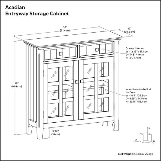 SIMPLIHOME Acadian Storage Cabinet - 36 inch Wide Solid Wood Entryway Storage Cabinet in Light Golden Brown, Transitional Cabinet for Hallway or Living Room with 2 Drawers and Adjustable Shelves
