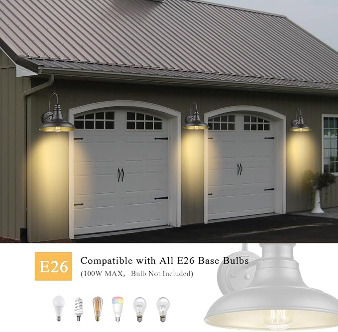Dusk to Dawn Sensor Outdoor Barn Light Fixture, 12.3 Inch Dome Outdoor Wall Sconce Farmhouse Wall Mount Lights Exterior Light Fixture Black Finish Industrial Wall Lantern for Porch, 2Pack