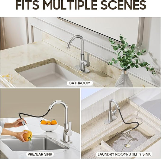 Phiestina Tall Bathroom Faucets with Pull Down Sprayer, Brushed Nickel High Arc Single Handle Pull Out Faucet, 1 or 3 Hole Utility Sink Laundry Bar Faucet Pull Out with Deck Plate WE10CL-ZY-BN