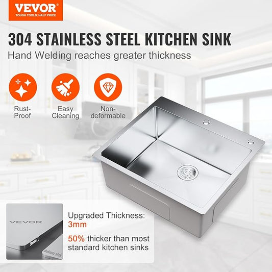 VEVOR Kitchen Sink, 304 Stainless Steel Recessed Sink, Top Mount Single Bowl with Accessories (2 Pack), Home Dishwasher Sink for Workstation, RV, Prep Kitchen and Bar Sink, 25"