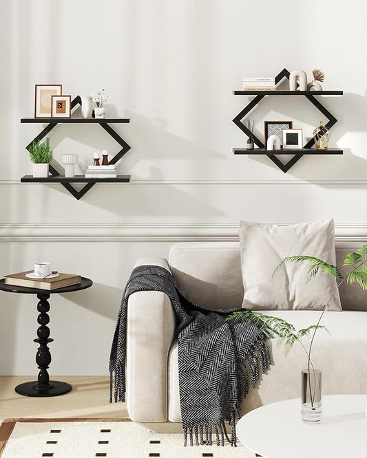 IBUYKE Floating Shelves,15 Inch Wall Shelf Set of 2,Wall Mounted Shelves,2 Tier Hanging Decorative Storage Shelf for Living Room, Bedroom, Bathroom, Kitchen TFS003B-2