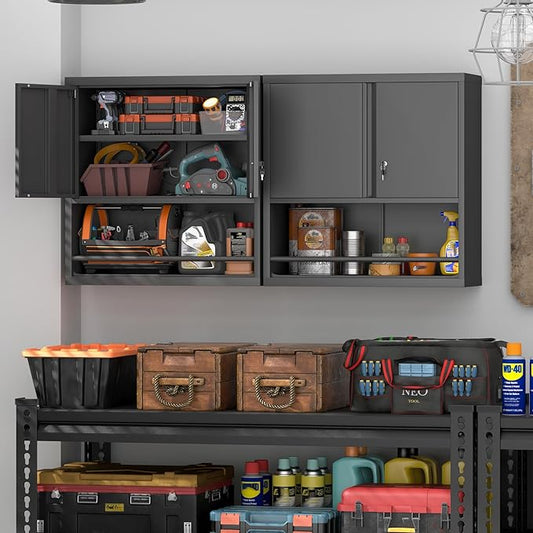 IRONFFICE Garage Storage Cabinets,Metal Wall Cabinet with Doors and Shelves,Locking Storage Cabinet for Workshop,Warehouse,Home Office,Black