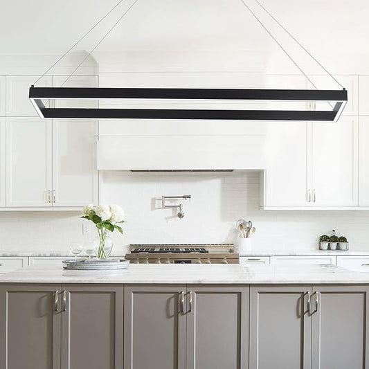 Modern Led Chandelier Linear Rectangle Chandelier Modern Led Pendant Light Kitchen Island Lighting Fixture 6000K Dimmable 39.4” Contemporary Hanging Light for Dining Room Living Room Black