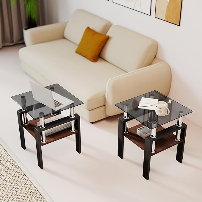 Set of 2 Glass End Table, 2-Layer Glass Living Room Table, Modern Tea Table Side Tables for Home Office Furniture